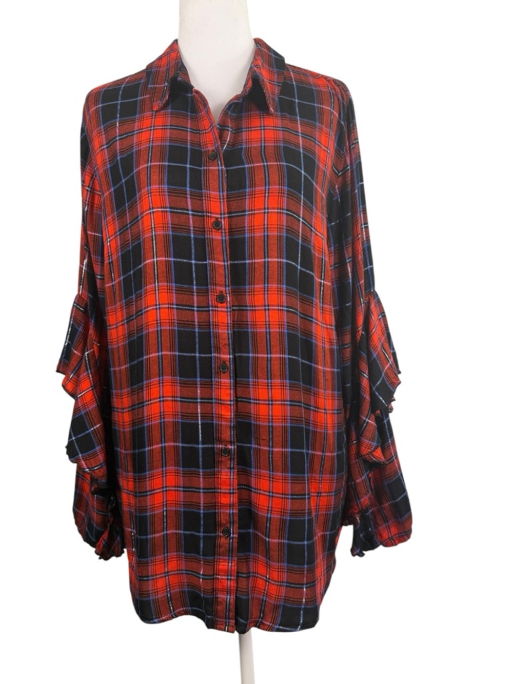 EST. 1946 Red Plaid Ruffle Sleeve Button Down Blouse Fall Chic Size L - Picture 2 of 13